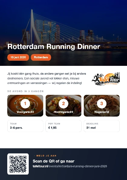 Voorbeeld A5-flyer voor Running Dinner Rotterdam juni 2026